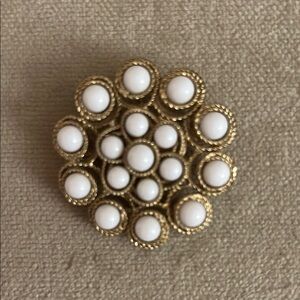 Elegant Gold and White Beaded Brooch